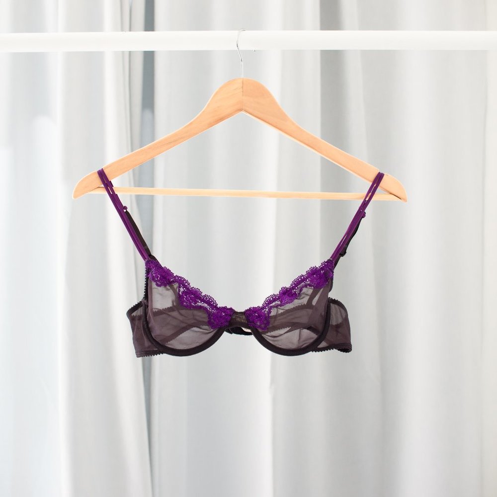 Calvin Klein 34B Black sheer bra with purple lace
